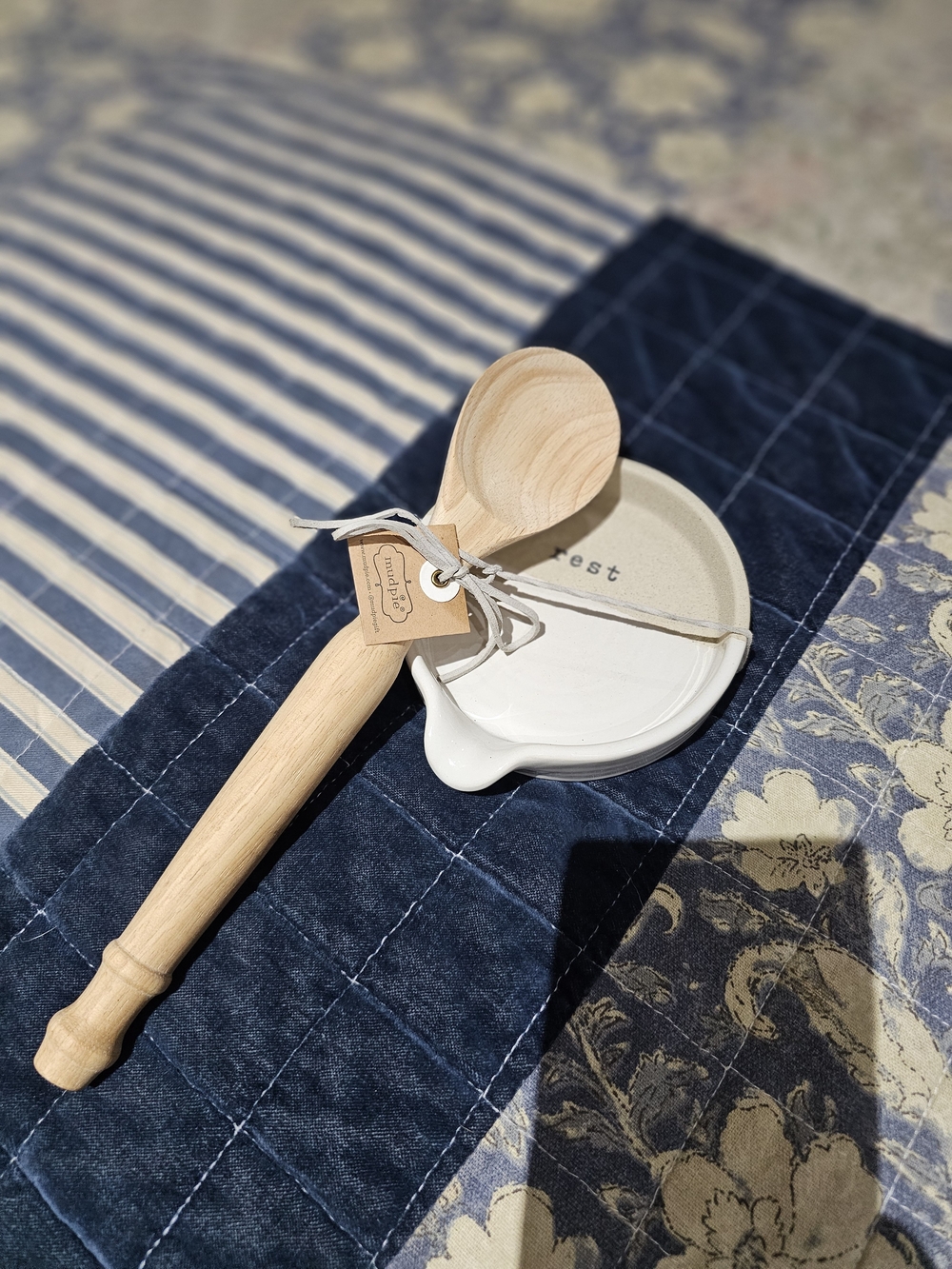 Mud Pie Wooden Spoon with Cream Ceramic Spoon Rest - NWT